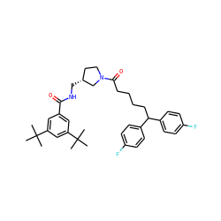 CC(C)(C)c1cc(C(=O)NC[C@@H]2CCN(C(=O)CCCCC(c3ccc(F)cc3)c3ccc(F)cc3)C2)cc(C(C)(C)C)c1 ZINC000006717450