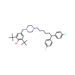 CC(C)(C)c1cc(CN2CCN(CCCCCC(c3ccc(F)cc3)c3ccc(F)cc3)CC2)cc(C(C)(C)C)c1O ZINC000084759503