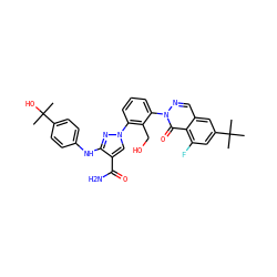 CC(C)(C)c1cc(F)c2c(=O)n(-c3cccc(-n4cc(C(N)=O)c(Nc5ccc(C(C)(C)O)cc5)n4)c3CO)ncc2c1 ZINC000143497825