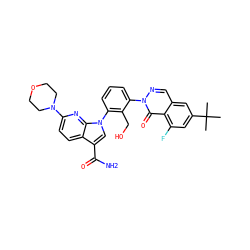 CC(C)(C)c1cc(F)c2c(=O)n(-c3cccc(-n4cc(C(N)=O)c5ccc(N6CCOCC6)nc54)c3CO)ncc2c1 ZINC000143483262