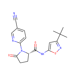 CC(C)(C)c1cc(NC(=O)[C@@H]2CCC(=O)N2c2ccc(C#N)cn2)on1 ZINC000147479585