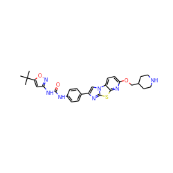 CC(C)(C)c1cc(NC(=O)Nc2ccc(-c3cn4c(n3)sc3nc(OCC5CCNCC5)ccc34)cc2)no1 ZINC000148914938
