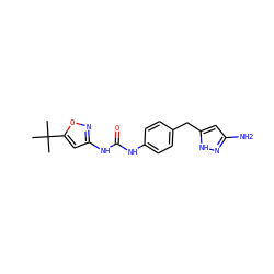 CC(C)(C)c1cc(NC(=O)Nc2ccc(Cc3cc(N)n[nH]3)cc2)no1 ZINC000653838812