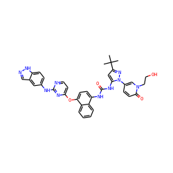 CC(C)(C)c1cc(NC(=O)Nc2ccc(Oc3ccnc(Nc4ccc5[nH]ncc5c4)n3)c3ccccc23)n(-c2ccc(=O)n(CCO)c2)n1 ZINC000211101479