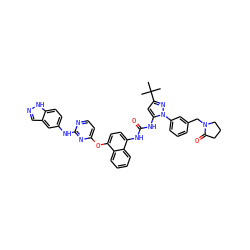 CC(C)(C)c1cc(NC(=O)Nc2ccc(Oc3ccnc(Nc4ccc5[nH]ncc5c4)n3)c3ccccc23)n(-c2cccc(CN3CCCC3=O)c2)n1 ZINC000211047349