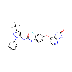 CC(C)(C)c1cc(NC(=O)Nc2ccc(Oc3ccnc4[nH]c(=O)[nH]c34)cc2F)n(-c2ccccc2)n1 ZINC000049072960