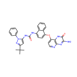 CC(C)(C)c1cc(NC(=O)Nc2ccc(Oc3ccnc4nc(N)c(=O)[nH]c34)c3ccccc23)n(-c2ccccc2)n1 ZINC000058538340
