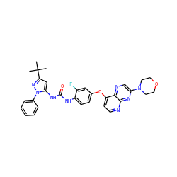 CC(C)(C)c1cc(NC(=O)Nc2ccc(Oc3ccnc4nc(N5CCOCC5)cnc34)cc2F)n(-c2ccccc2)n1 ZINC000058600042