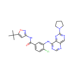CC(C)(C)c1cc(NC(=O)c2ccc(Cl)c(Nc3ncnc4cnc(N5CCCC5)nc34)c2)no1 ZINC000148087069