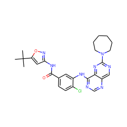 CC(C)(C)c1cc(NC(=O)c2ccc(Cl)c(Nc3ncnc4cnc(N5CCCCCC5)nc34)c2)no1 ZINC000148083826