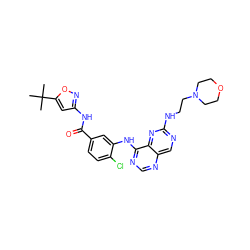 CC(C)(C)c1cc(NC(=O)c2ccc(Cl)c(Nc3ncnc4cnc(NCCN5CCOCC5)nc34)c2)no1 ZINC000148087676