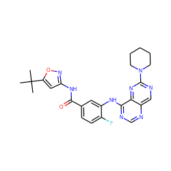CC(C)(C)c1cc(NC(=O)c2ccc(F)c(Nc3ncnc4cnc(N5CCCCC5)nc34)c2)no1 ZINC000148091165