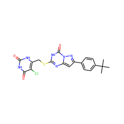 CC(C)(C)c1ccc(-c2cc3nc(SCc4[nH]c(=O)[nH]c(=O)c4Cl)[nH]c(=O)n3n2)cc1 ZINC000103288836