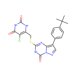 CC(C)(C)c1ccc(-c2cnn3c(=O)[nH]c(SCc4[nH]c(=O)[nH]c(=O)c4Cl)nc23)cc1 ZINC000103288818