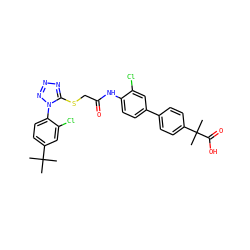 CC(C)(C)c1ccc(-n2nnnc2SCC(=O)Nc2ccc(-c3ccc(C(C)(C)C(=O)O)cc3)cc2Cl)c(Cl)c1 ZINC000028823593