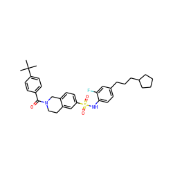 CC(C)(C)c1ccc(C(=O)N2CCc3cc(S(=O)(=O)Nc4ccc(CCCC5CCCC5)cc4F)ccc3C2)cc1 ZINC000261193293