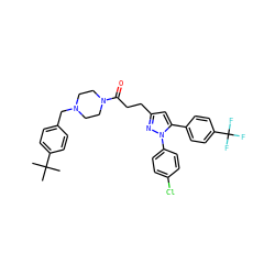 CC(C)(C)c1ccc(CN2CCN(C(=O)CCc3cc(-c4ccc(C(F)(F)F)cc4)n(-c4ccc(Cl)cc4)n3)CC2)cc1 ZINC000072120311