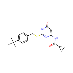CC(C)(C)c1ccc(CSc2nc(NC(=O)C3CC3)cc(=O)[nH]2)cc1 ZINC000073167688