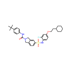 CC(C)(C)c1ccc(NC(=O)N2Cc3ccc(S(=O)(=O)Nc4ccc(OCCC5CCCCC5)cc4F)cc3C2)cc1 ZINC000261087073