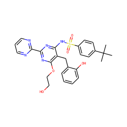 CC(C)(C)c1ccc(S(=O)(=O)Nc2nc(-c3ncccn3)nc(OCCO)c2Cc2ccccc2O)cc1 ZINC000084394767