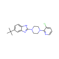 CC(C)(C)c1ccc2[nH]c(N3CCN(c4ncccc4Cl)CC3)nc2c1 ZINC000028347432