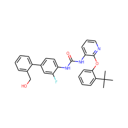 CC(C)(C)c1ccccc1Oc1ncccc1NC(=O)Nc1ccc(-c2ccccc2CO)cc1F ZINC000096269953
