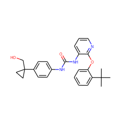 CC(C)(C)c1ccccc1Oc1ncccc1NC(=O)Nc1ccc(C2(CO)CC2)cc1 ZINC000096269955