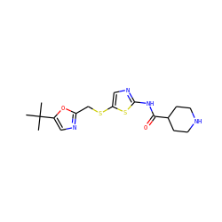 CC(C)(C)c1cnc(CSc2cnc(NC(=O)C3CCNCC3)s2)o1 ZINC000003816409