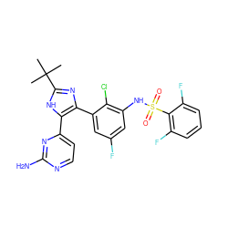 CC(C)(C)c1nc(-c2cc(F)cc(NS(=O)(=O)c3c(F)cccc3F)c2Cl)c(-c2ccnc(N)n2)[nH]1 ZINC000169136130