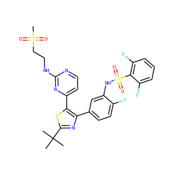 CC(C)(C)c1nc(-c2ccc(F)c(NS(=O)(=O)c3c(F)cccc3F)c2)c(-c2ccnc(NCCS(C)(=O)=O)n2)s1 ZINC000095587811