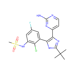 CC(C)(C)c1nc(-c2ccnc(N)n2)c(-c2cc(F)cc(NS(C)(=O)=O)c2Cl)[nH]1 ZINC000096174574
