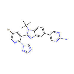 CC(C)(C)n1c(-c2cc(Br)cnc2-n2cncn2)nc2cc(-c3cnc(N)nc3)ccc21 ZINC000169250649