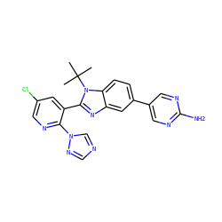 CC(C)(C)n1c(-c2cc(Cl)cnc2-n2cncn2)nc2cc(-c3cnc(N)nc3)ccc21 ZINC000169285401
