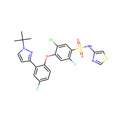 CC(C)(C)n1ccc(-c2cc(F)ccc2Oc2cc(F)c(S(=O)(=O)Nc3cscn3)cc2Cl)n1 ZINC000095585356