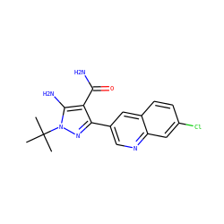 CC(C)(C)n1nc(-c2cnc3cc(Cl)ccc3c2)c(C(N)=O)c1N ZINC000221716810