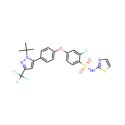 CC(C)(C)n1nc(C(F)(F)F)cc1-c1ccc(Oc2ccc(S(=O)(=O)Nc3nccs3)c(F)c2)cc1 ZINC000095584796