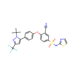 CC(C)(C)n1nc(C(F)(F)F)cc1-c1ccc(Oc2ccc(S(=O)(=O)Nc3nccs3)cc2C#N)cc1 ZINC000095580808