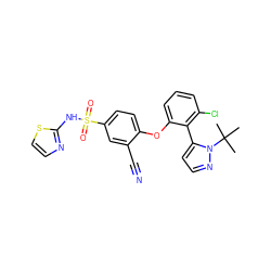 CC(C)(C)n1nccc1-c1c(Cl)cccc1Oc1ccc(S(=O)(=O)Nc2nccs2)cc1C#N ZINC000095582756