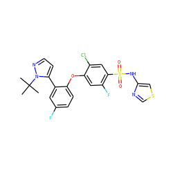 CC(C)(C)n1nccc1-c1cc(F)ccc1Oc1cc(F)c(S(=O)(=O)Nc2cscn2)cc1Cl ZINC000095582178
