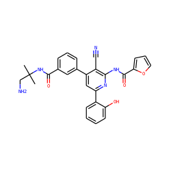 CC(C)(CN)NC(=O)c1cccc(-c2cc(-c3ccccc3O)nc(NC(=O)c3ccco3)c2C#N)c1 ZINC000049803114