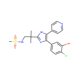 CC(C)(CNS(C)(=O)=O)c1nc(-c2ccc(Cl)c(O)c2)c(-c2ccncc2)[nH]1 ZINC000028563694