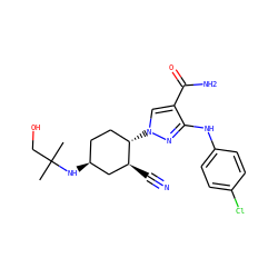CC(C)(CO)N[C@H]1CC[C@H](n2cc(C(N)=O)c(Nc3ccc(Cl)cc3)n2)[C@@H](C#N)C1 ZINC000222978487