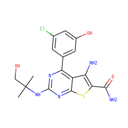 CC(C)(CO)Nc1nc(-c2cc(O)cc(Cl)c2)c2c(N)c(C(N)=O)sc2n1 ZINC000082157990