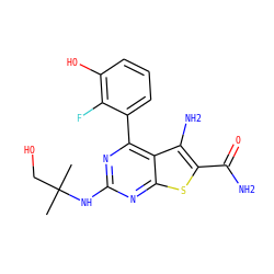 CC(C)(CO)Nc1nc(-c2cccc(O)c2F)c2c(N)c(C(N)=O)sc2n1 ZINC000073223466