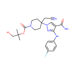 CC(C)(CO)OC(=O)N1CCC(CC#N)(n2cc(C(N)=O)c(Nc3ccc(F)cc3)n2)CC1 ZINC000218409513
