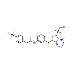 CC(C)(CO)n1cc(C(=O)c2cncc(NC(=O)Cc3ccc(C(F)(F)F)cc3)c2)c2cncc(F)c21 ZINC000207632672
