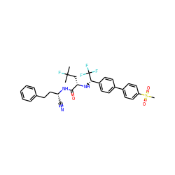 CC(C)(F)C[C@H](N[C@@H](c1ccc(-c2ccc(S(C)(=O)=O)cc2)cc1)C(F)(F)F)C(=O)N[C@H](C#N)CCc1ccccc1 ZINC000064549883