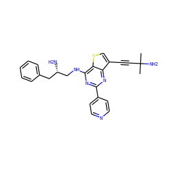 CC(C)(N)C#Cc1csc2c(NC[C@@H](N)Cc3ccccc3)nc(-c3ccncc3)nc12 ZINC000223672102