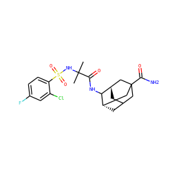 CC(C)(NS(=O)(=O)c1ccc(F)cc1Cl)C(=O)NC1[C@H]2CC3C[C@H]1CC(C(N)=O)(C3)C2 ZINC000473082686