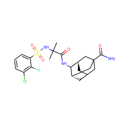 CC(C)(NS(=O)(=O)c1cccc(Cl)c1F)C(=O)NC1[C@H]2CC3C[C@H]1CC(C(N)=O)(C3)C2 ZINC000148542466